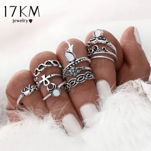 17KM 10pcs/Set Gold Color Flower Midi Ring Sets for Women Silver Color Boho Beach Vintage Turkish Punk Elephant Knuckle Ring