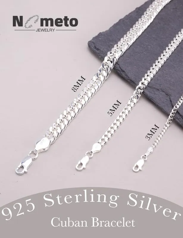 925 Sterling Silver Cuban Link Chain Bracelet 3mm 5mm 8mm Silver Bracelet for Men Women 6.5-9 Inches