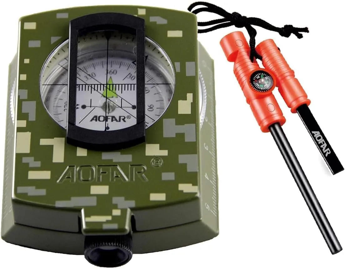 AOFAR Military Compass and Fire Starter AF-4580/381 Lensatic Sighting, Survival Kit,Waterproof and Shakeproof Measure Distance Calculator and Pouch for Camping, Hiking, Hunting, Backpacking