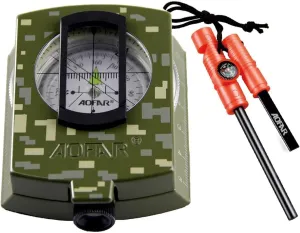 AOFAR Military Compass and Fire Starter AF-4580/381 Lensatic Sighting, Survival Kit,Waterproof and Shakeproof Measure Distance Calculator and Pouch for Camping, Hiking, Hunting, Backpacking