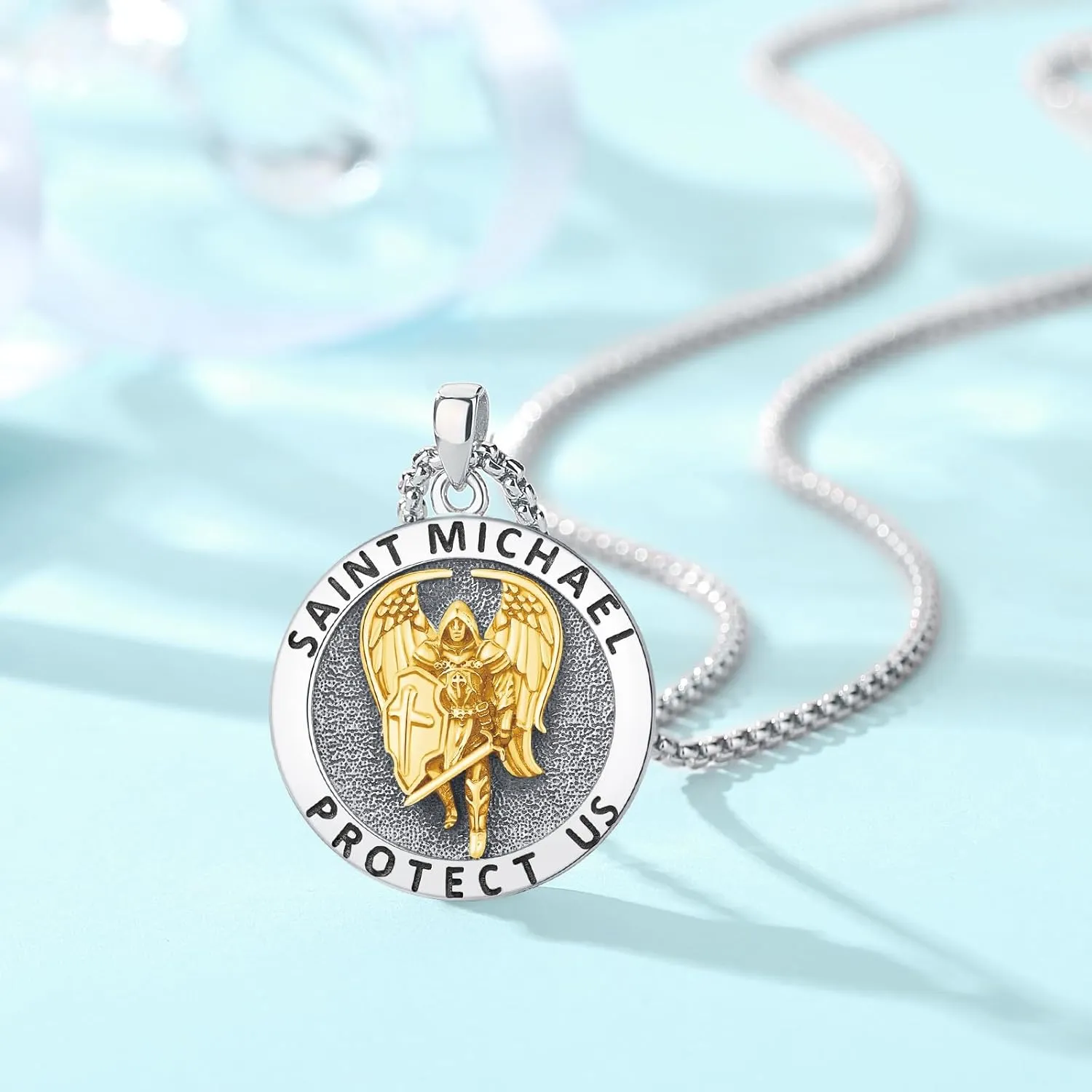 Archangel St Michael Pendant Necklace for Men Women, 925 Sterling Silver Patron Saint of Courage and Protection Medal Pendant