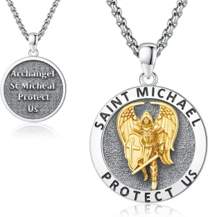 Archangel St Michael Pendant Necklace for Men Women, 925 Sterling Silver Patron Saint of Courage and Protection Medal Pendant