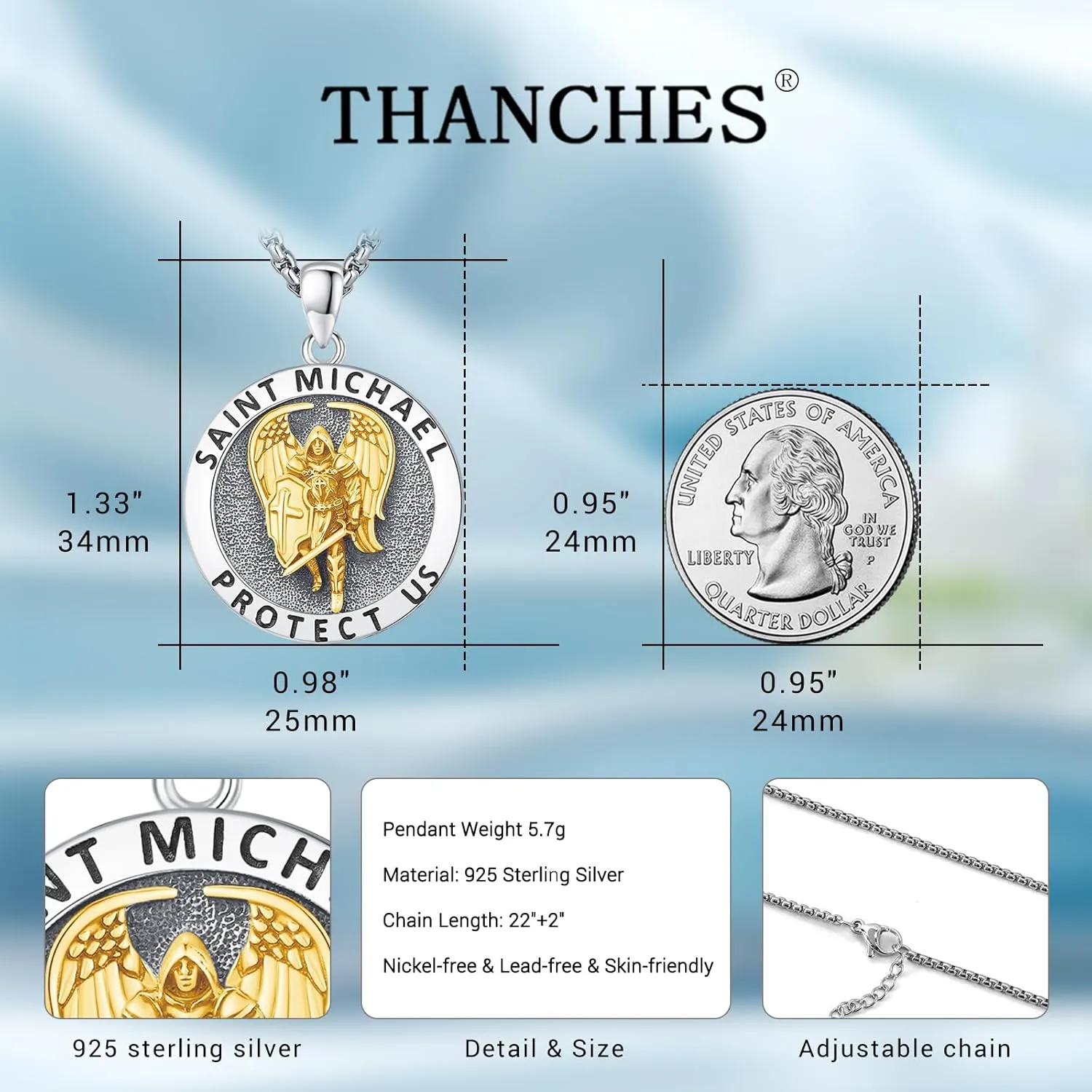 Archangel St Michael Pendant Necklace for Men Women, 925 Sterling Silver Patron Saint of Courage and Protection Medal Pendant