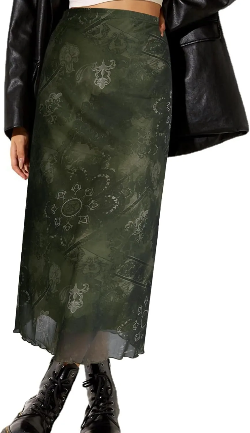 Avanova Women Mesh Floral Boho High Waist Midi Skirt Lettuce Trim Summer A Line Skirt