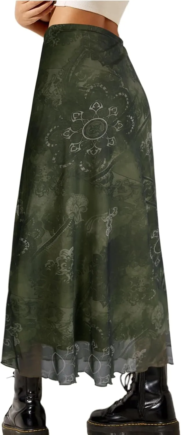 Avanova Women Mesh Floral Boho High Waist Midi Skirt Lettuce Trim Summer A Line Skirt