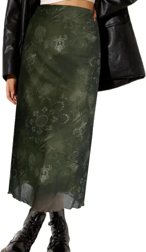 Avanova Women Mesh Floral Boho High Waist Midi Skirt Lettuce Trim Summer A Line Skirt