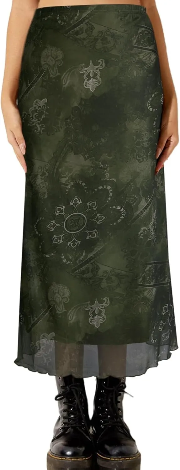 Avanova Women Mesh Floral Boho High Waist Midi Skirt Lettuce Trim Summer A Line Skirt