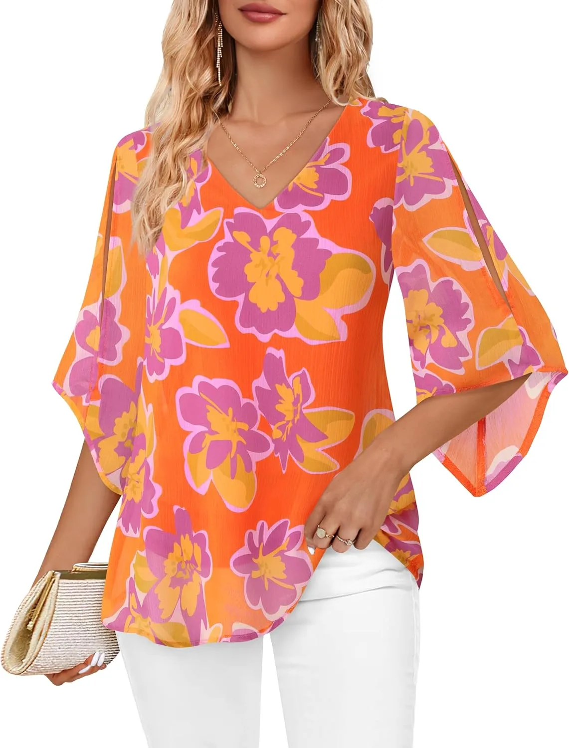 Bebonnie Womens Ruffle 3/4 Sleeve V Neck Double Layers Chiffon Blouses Dressy Tops