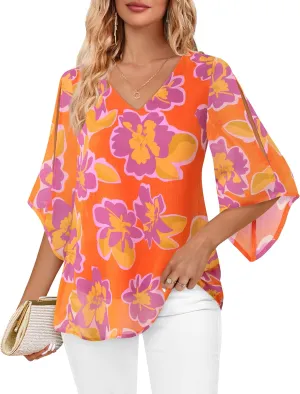 Bebonnie Womens Ruffle 3/4 Sleeve V Neck Double Layers Chiffon Blouses Dressy Tops