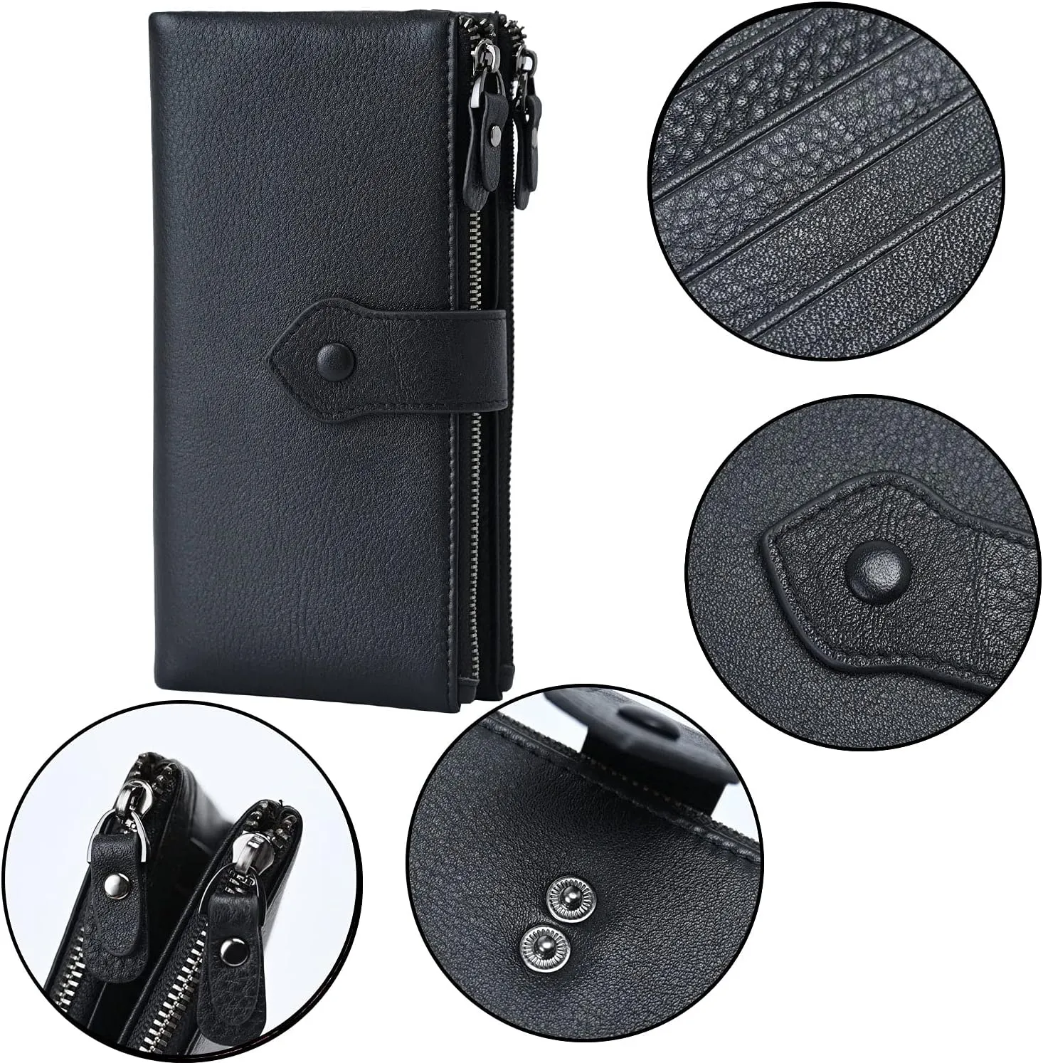 Bveyzi Women Soft Leather RFID Blocking Bifold Slim Wallets Ladies Credit Card Holder Double Zipper Pocket