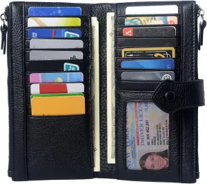 Bveyzi Women Soft Leather RFID Blocking Bifold Slim Wallets Ladies Credit Card Holder Double Zipper Pocket