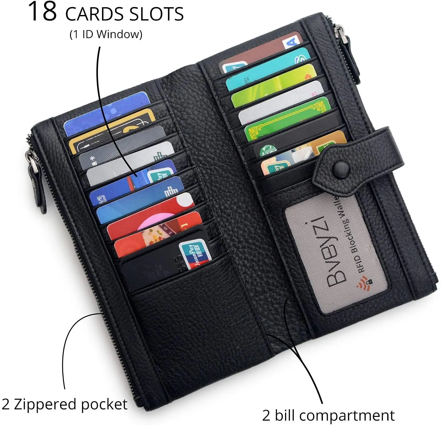 Bveyzi Women Soft Leather RFID Blocking Bifold Slim Wallets Ladies Credit Card Holder Double Zipper Pocket