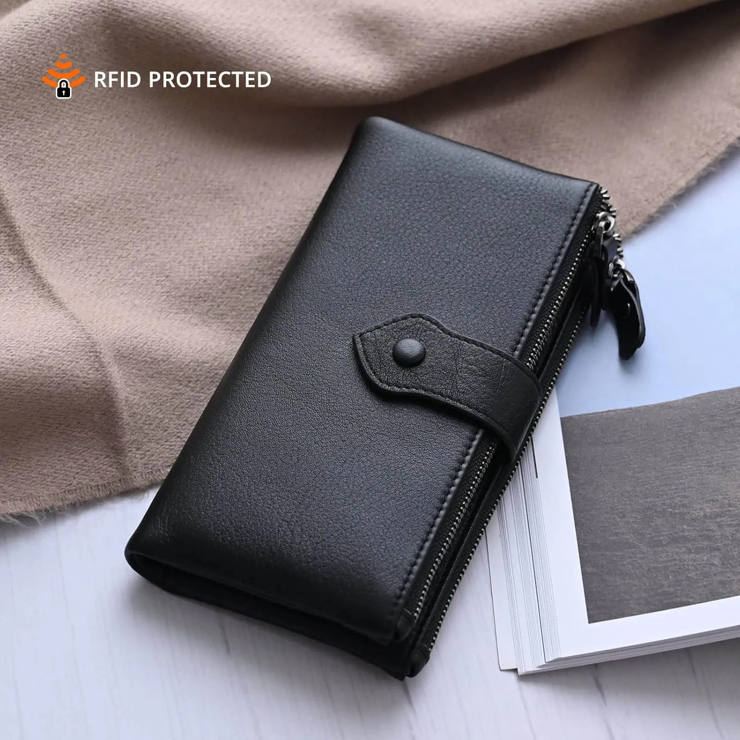Bveyzi Women Soft Leather RFID Blocking Bifold Slim Wallets Ladies Credit Card Holder Double Zipper Pocket