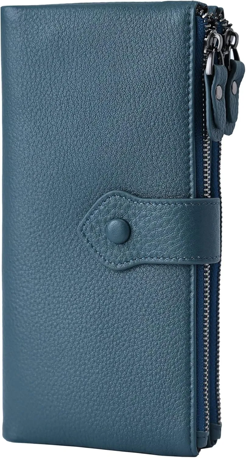 Bveyzi Women Soft Leather RFID Blocking Bifold Slim Wallets Ladies Credit Card Holder Double Zipper Pocket