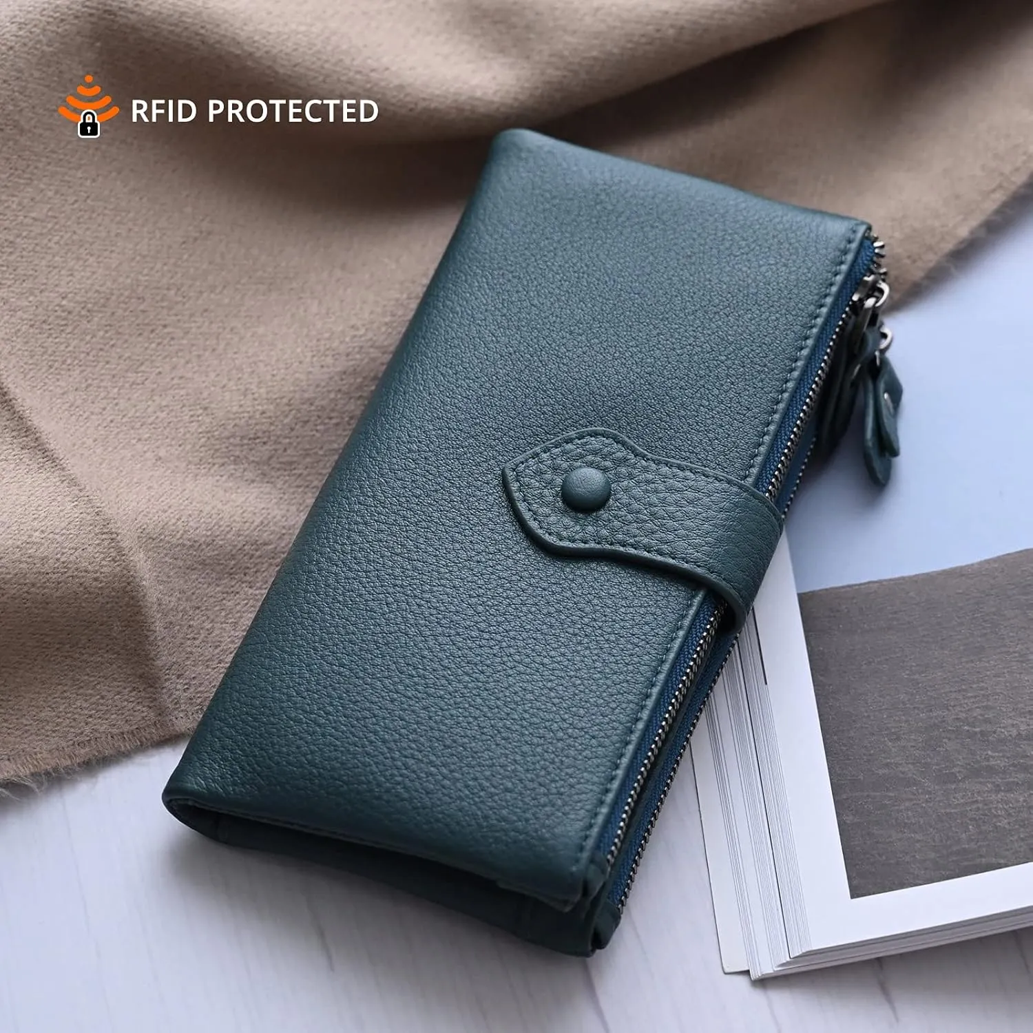 Bveyzi Women Soft Leather RFID Blocking Bifold Slim Wallets Ladies Credit Card Holder Double Zipper Pocket