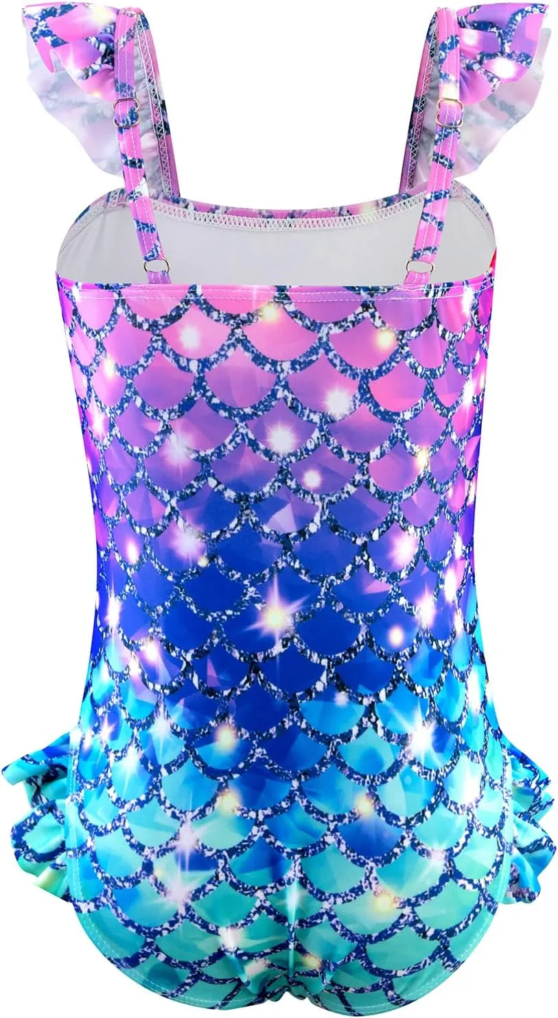 DAXIANG Girls One Piece Ruffle Strap Swimsuit Quick Dry Mermaid Swimwear Beach Sport Bathing Suit for Toddler Kids 4-11 Years