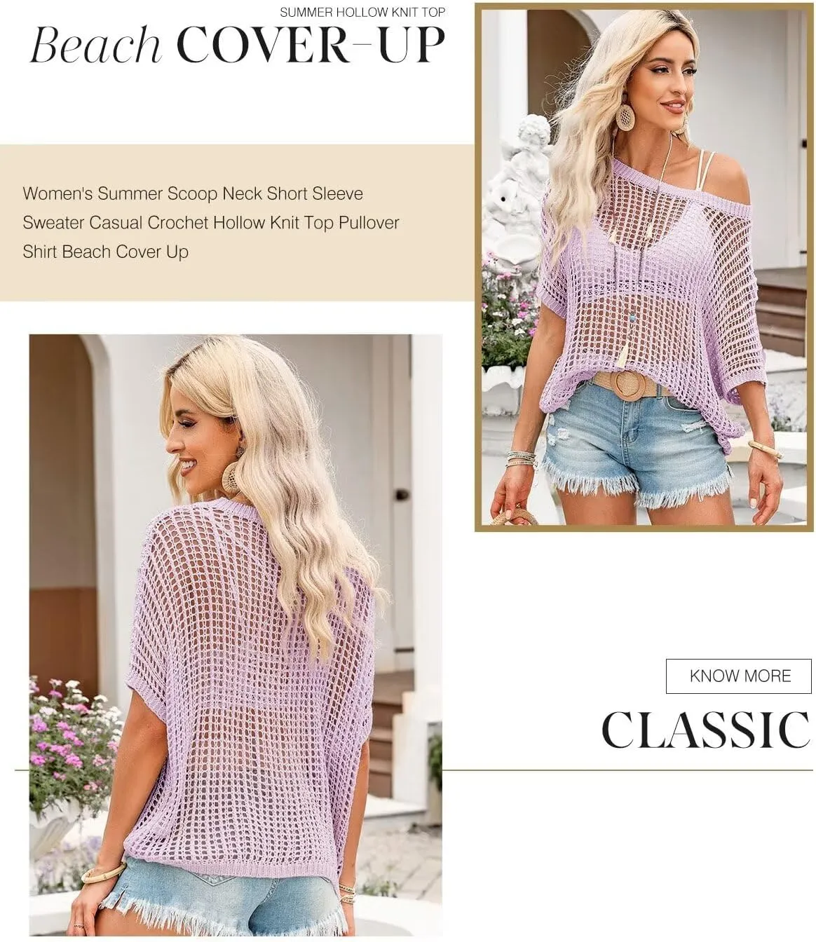 Dokotoo Womens Summer Scoop Neck Short Sleeve Sweater Casual Crochet Hollow Out Knit Tops Pullover Shirts Beach Coverup