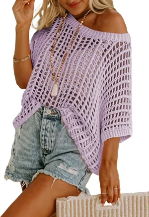 Dokotoo Womens Summer Scoop Neck Short Sleeve Sweater Casual Crochet Hollow Out Knit Tops Pullover Shirts Beach Coverup