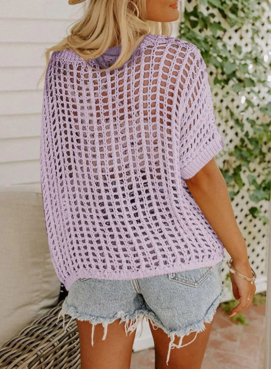 Dokotoo Womens Summer Scoop Neck Short Sleeve Sweater Casual Crochet Hollow Out Knit Tops Pullover Shirts Beach Coverup