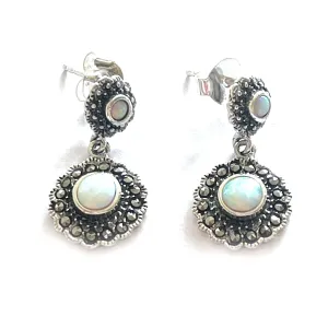 Double flower silver earring with opal & marcasite