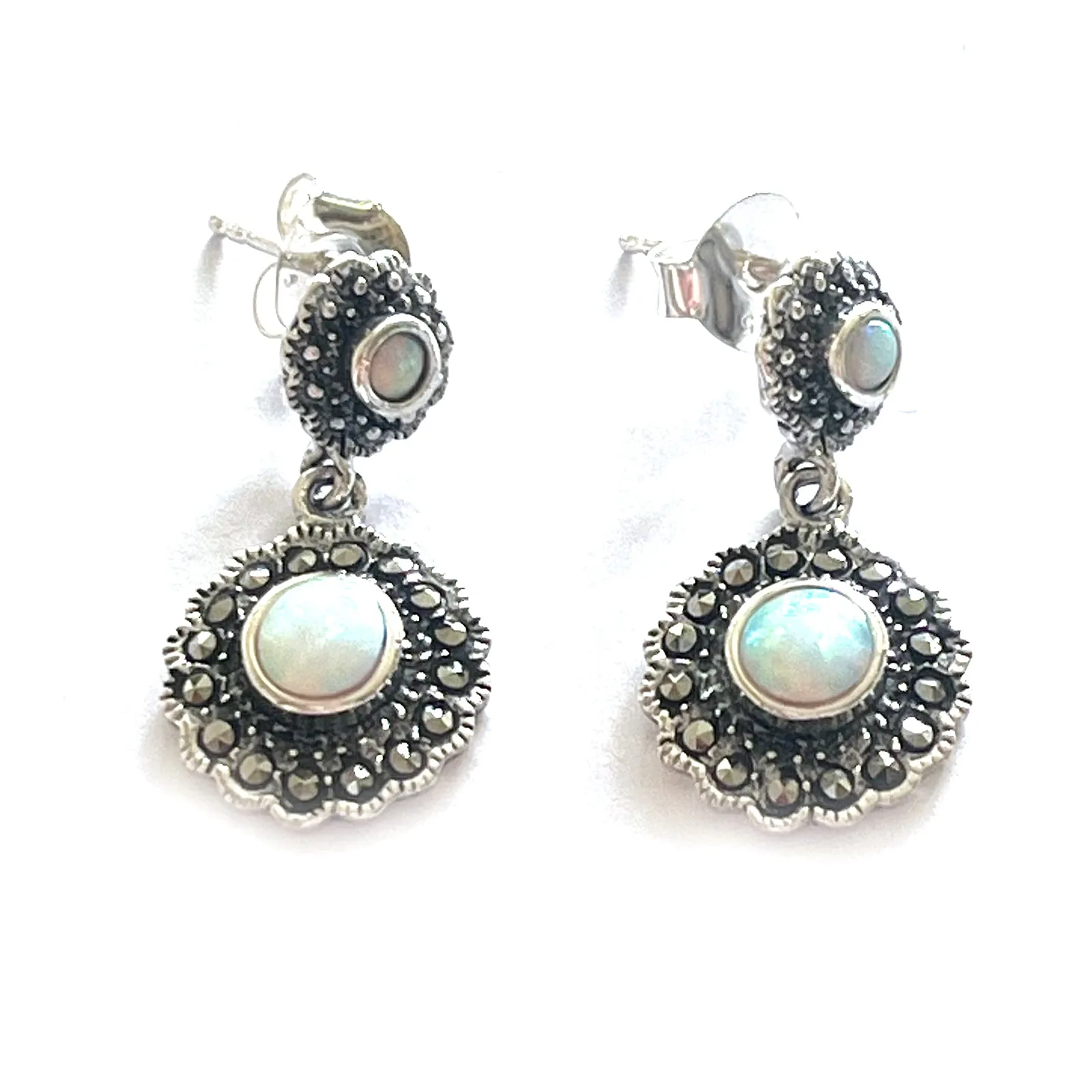 Double flower silver earring with opal & marcasite