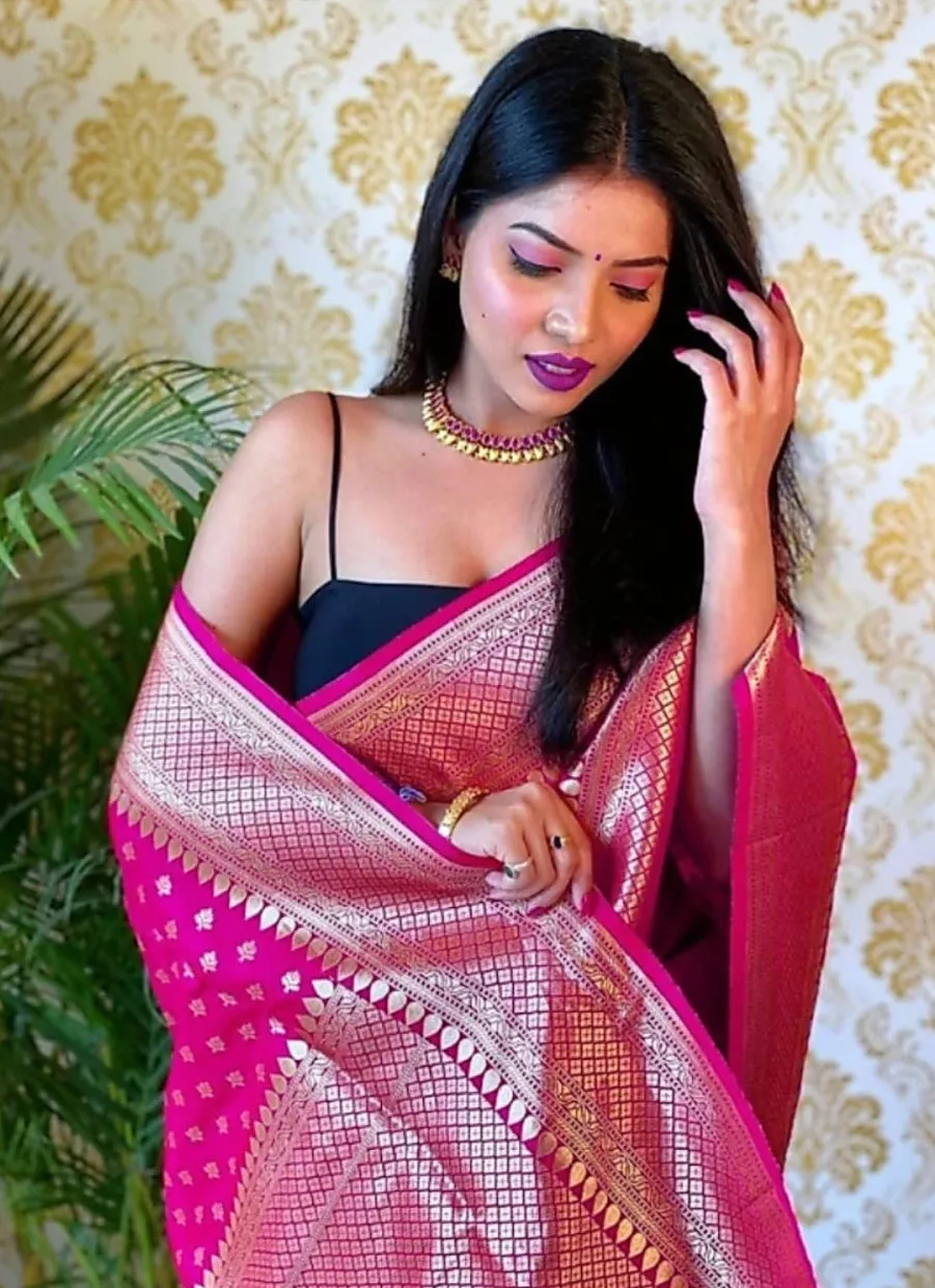 Fancifull Dark Pink Soft Silk Saree With Adoring Blouse Piece