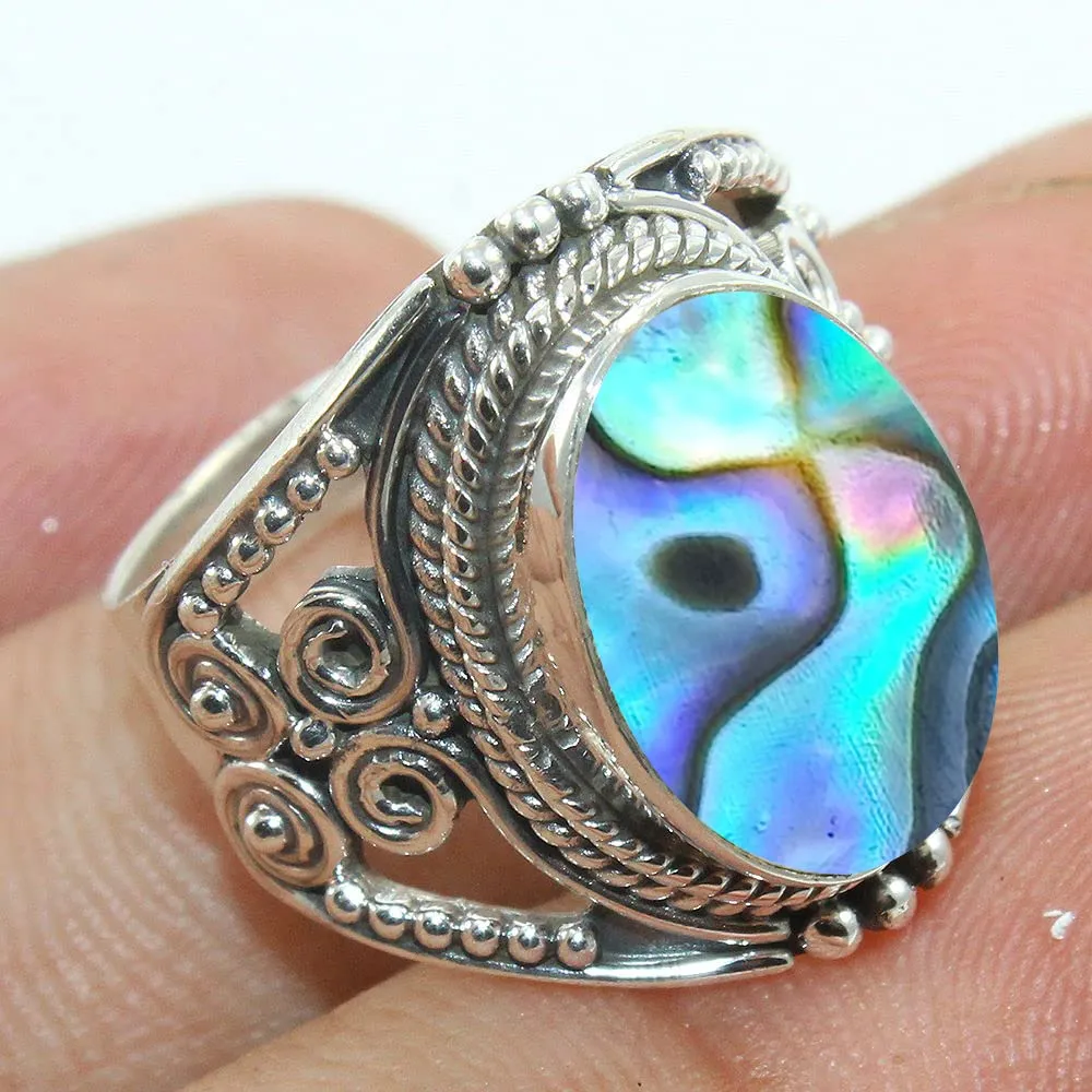 Fine Sterling Silver Ring For Women & Girls Abalone Shell Ring Sterling Silver Minimalist Ring Bezel Set Gemstone Ring
