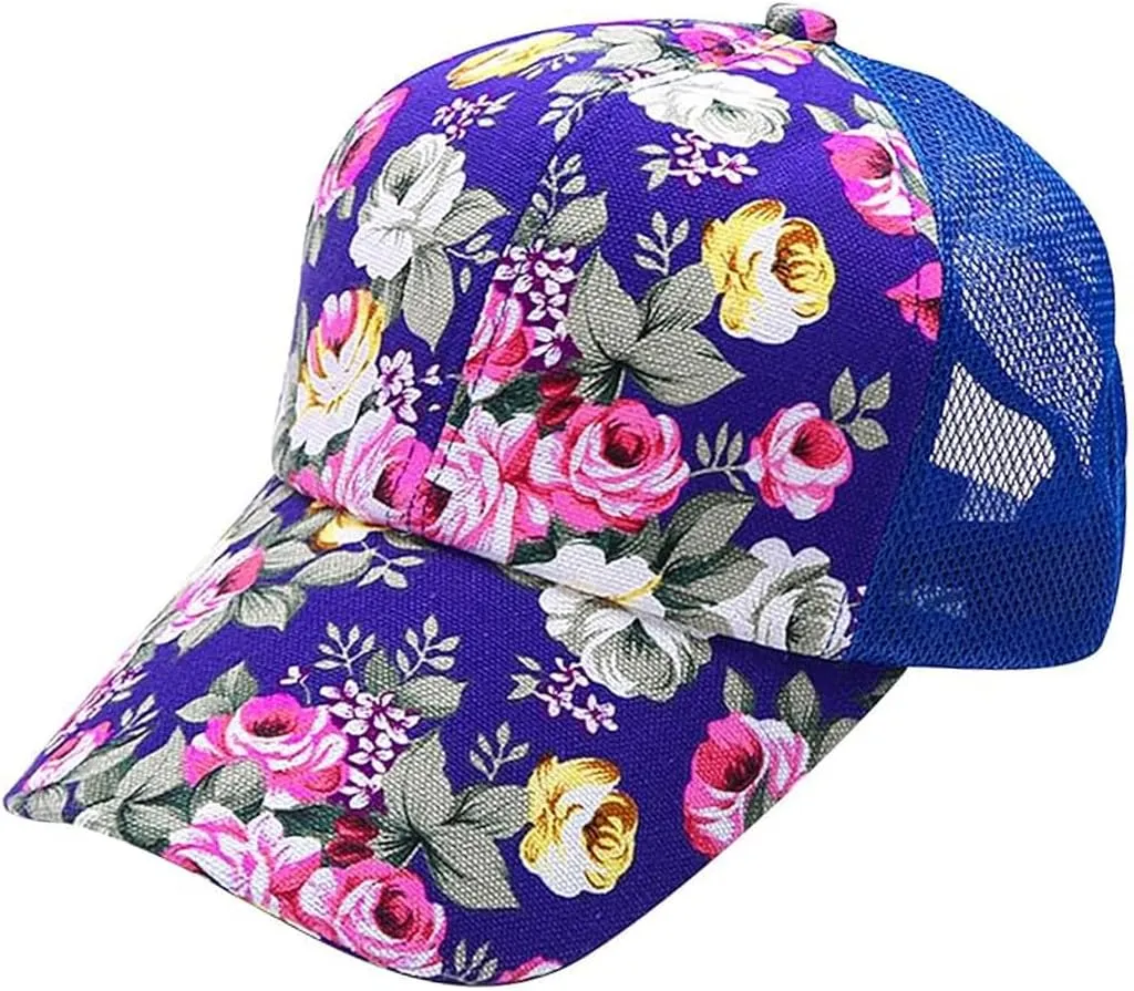 Floral Print Baseball Caps Hat,Flower Casual Fishing Sun Hat Mesh Back for Men Women Girls Adjustable