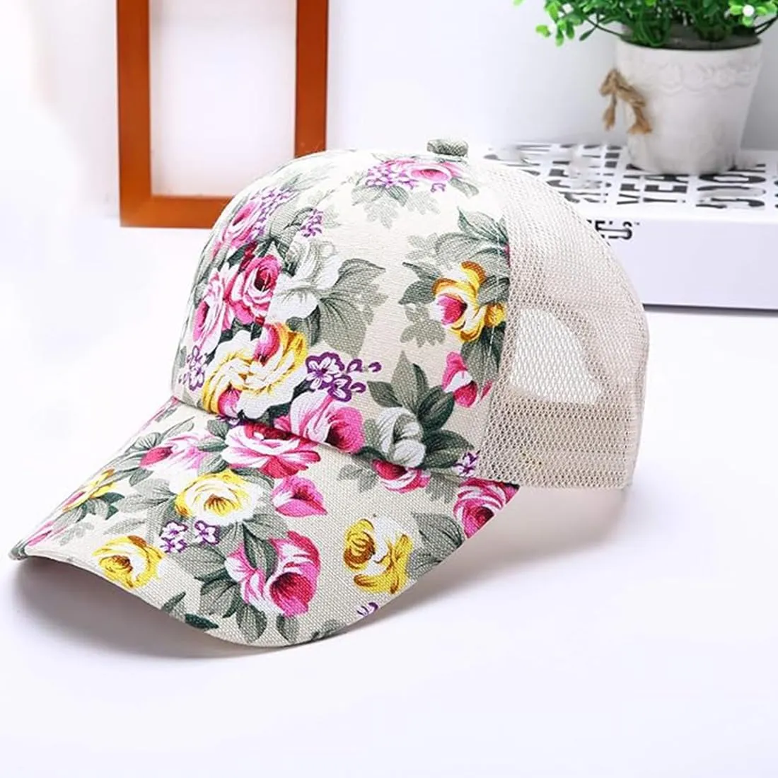 Floral Print Baseball Caps Hat,Flower Casual Fishing Sun Hat Mesh Back for Men Women Girls Adjustable