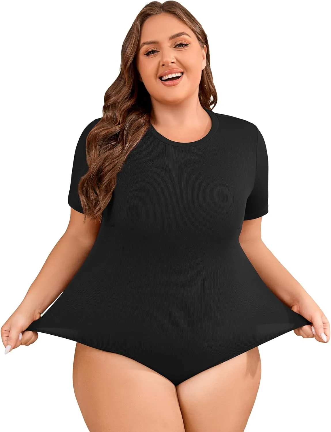FOREYOND Plus Size Bodysuits for Women Short Sleeve Scoop Neck Bodysuit One Piece Body Suit Tops