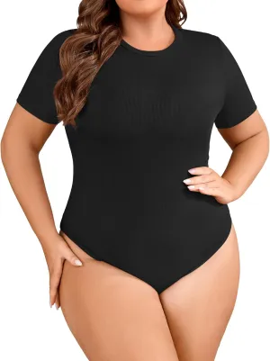 FOREYOND Plus Size Bodysuits for Women Short Sleeve Scoop Neck Bodysuit One Piece Body Suit Tops