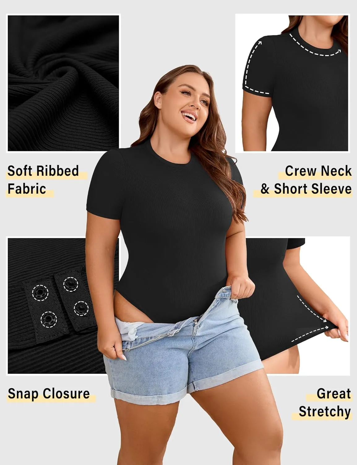 FOREYOND Plus Size Bodysuits for Women Short Sleeve Scoop Neck Bodysuit One Piece Body Suit Tops