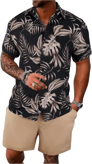 GORGLITTER Men's Vacation Beach Outfits 2 Piece Shorts Set Floral Hawaiian Button Down Shirt and Shorts