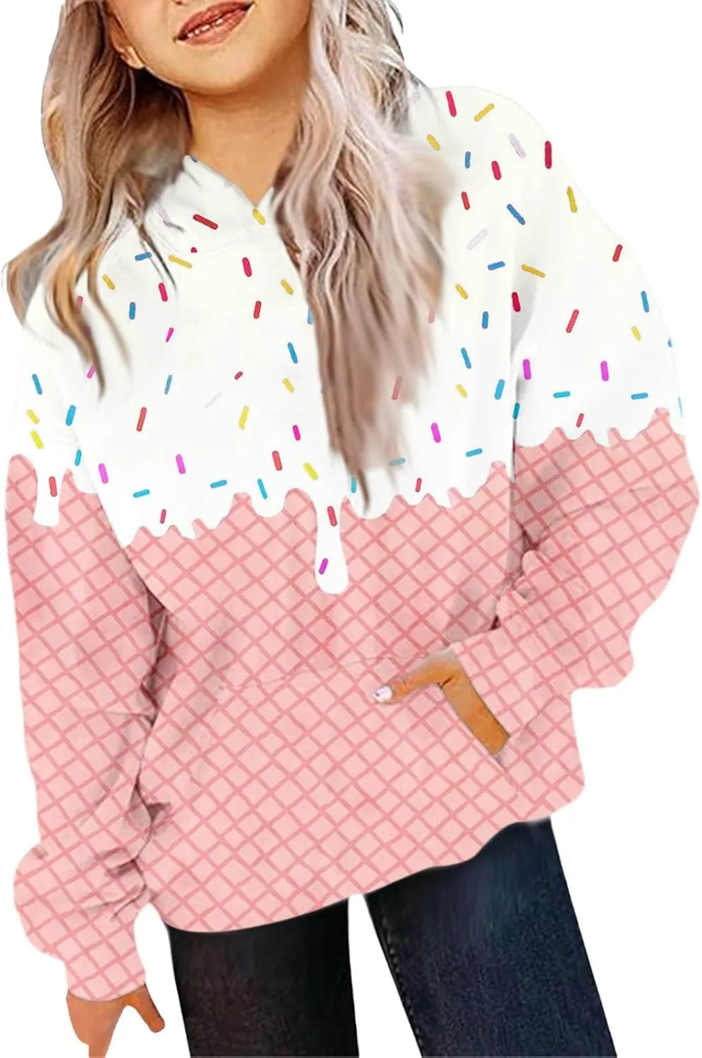 Ice Cream Hoodies for Teen Girls Cute Preppy Ice Cream Drip Sweatshirts Pocket Oversized Long Sleeve Pullover Tops 2-12 Years