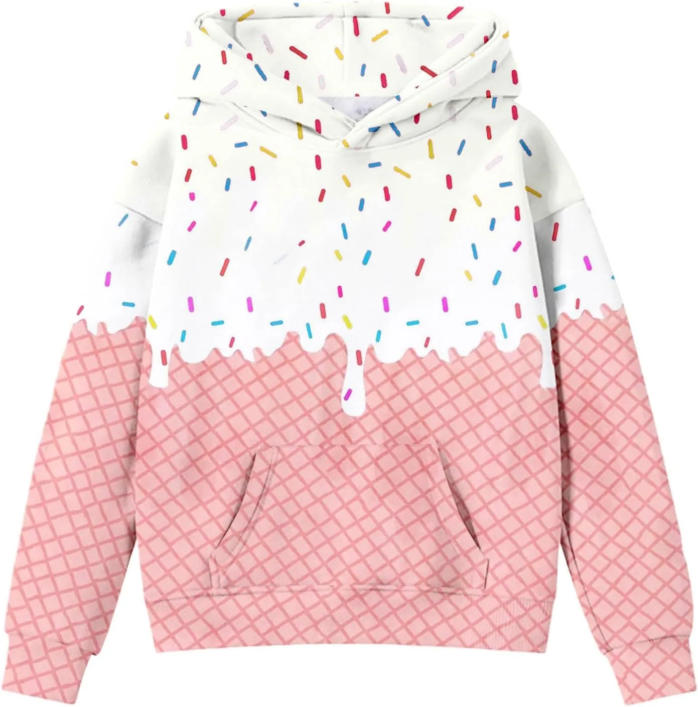 Ice Cream Hoodies for Teen Girls Cute Preppy Ice Cream Drip Sweatshirts Pocket Oversized Long Sleeve Pullover Tops 2-12 Years