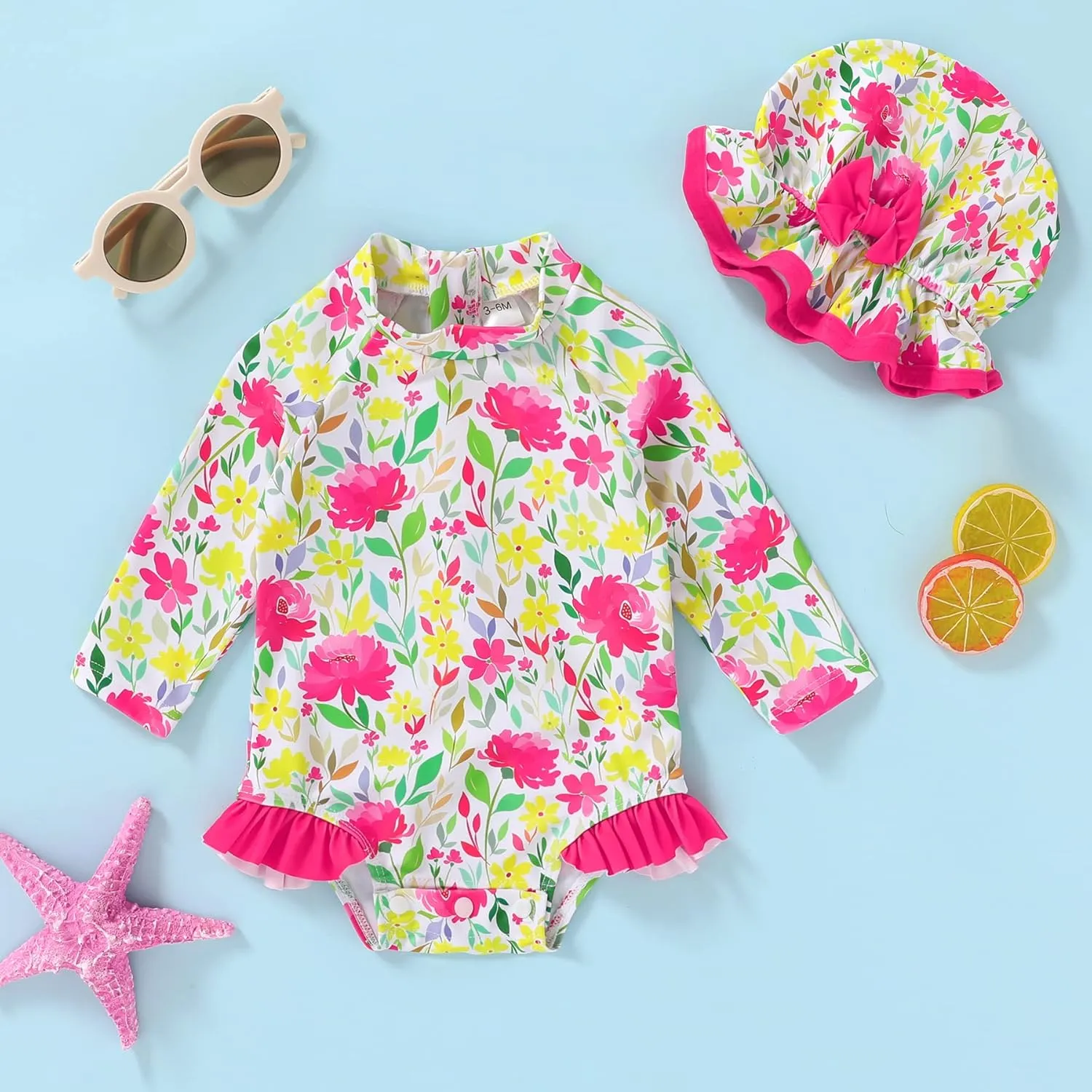 Infant Baby Girl Swimsuit One-Piece Long Sleeve Rash Guard with Hat Set Floral Zipper Bathing Suit Leopard Beach Wear