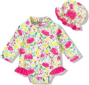 Infant Baby Girl Swimsuit One-Piece Long Sleeve Rash Guard with Hat Set Floral Zipper Bathing Suit Leopard Beach Wear