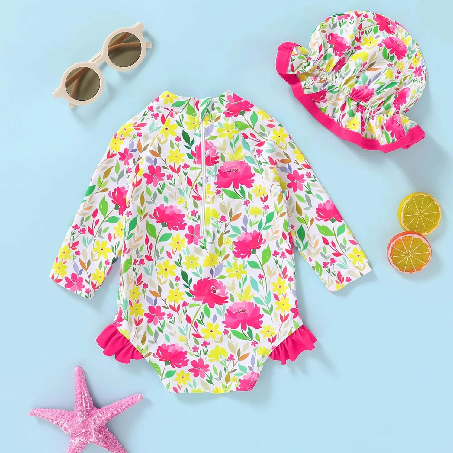 Infant Baby Girl Swimsuit One-Piece Long Sleeve Rash Guard with Hat Set Floral Zipper Bathing Suit Leopard Beach Wear