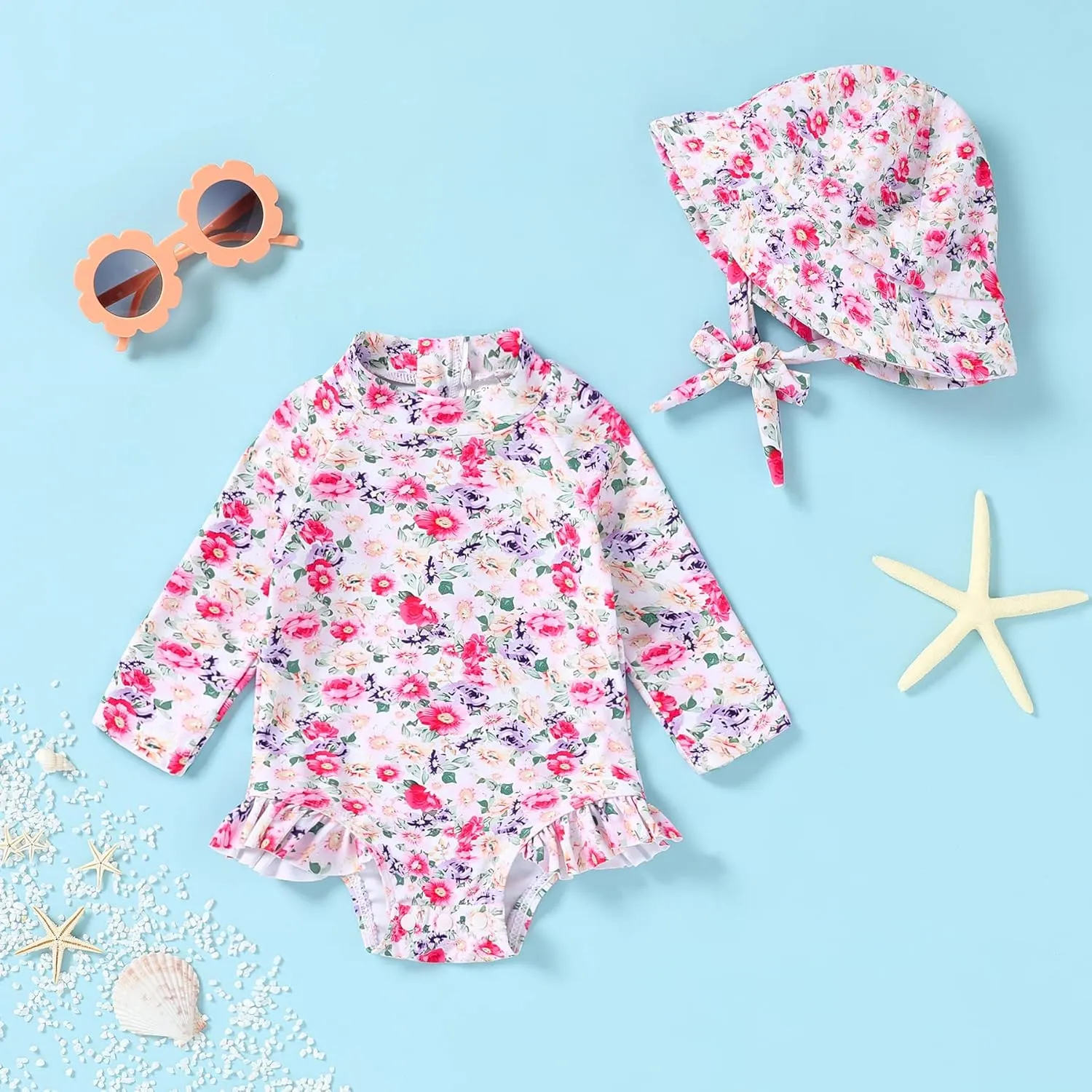 Infant Baby Girl Swimsuit One-Piece Long Sleeve Rash Guard with Hat Set Floral Zipper Bathing Suit Leopard Beach Wear