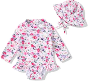 Infant Baby Girl Swimsuit One-Piece Long Sleeve Rash Guard with Hat Set Floral Zipper Bathing Suit Leopard Beach Wear