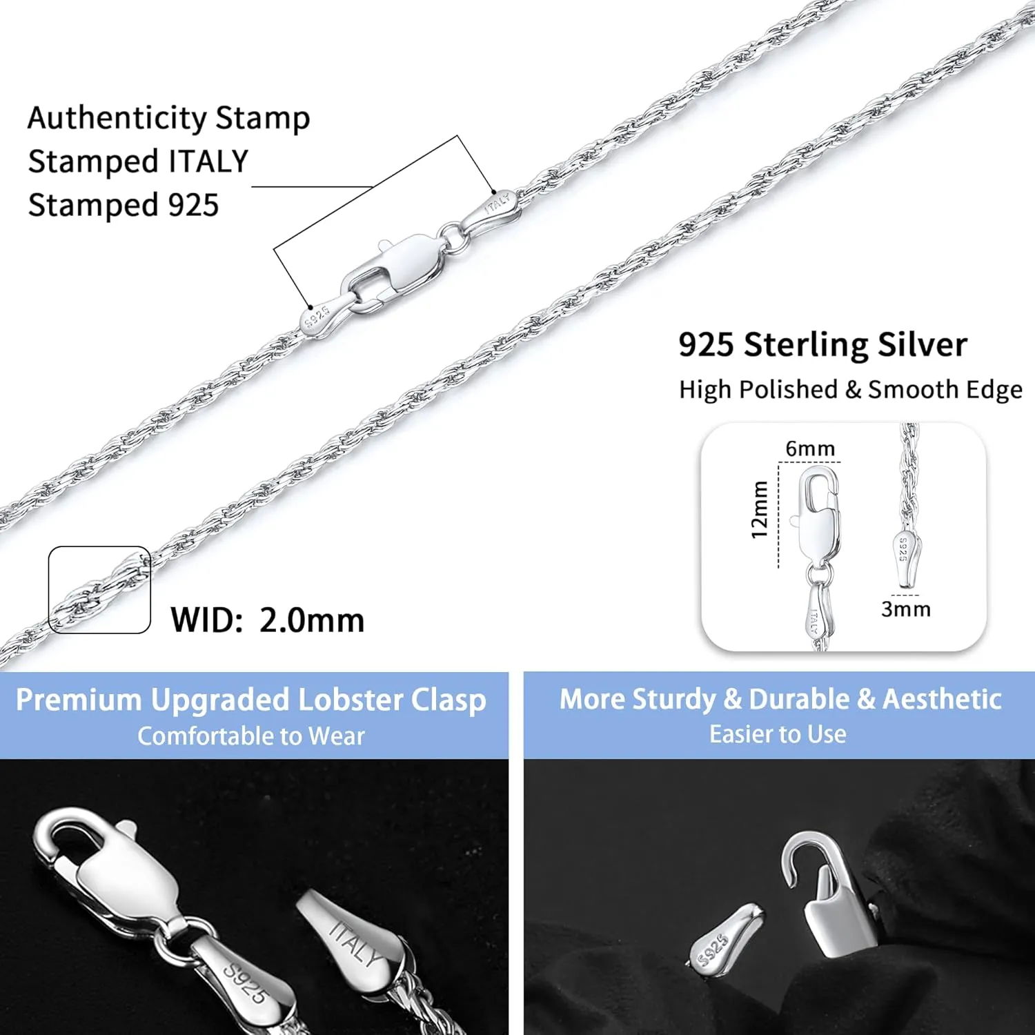Jewlpire Italian 2mm Rope Chain 925 Sterling Silver Chain Necklace for Women Men, 14K Plated Gold Chain for Women Sturdy Women's Chain Necklaces, 16 18 20 22 24 26 Inch