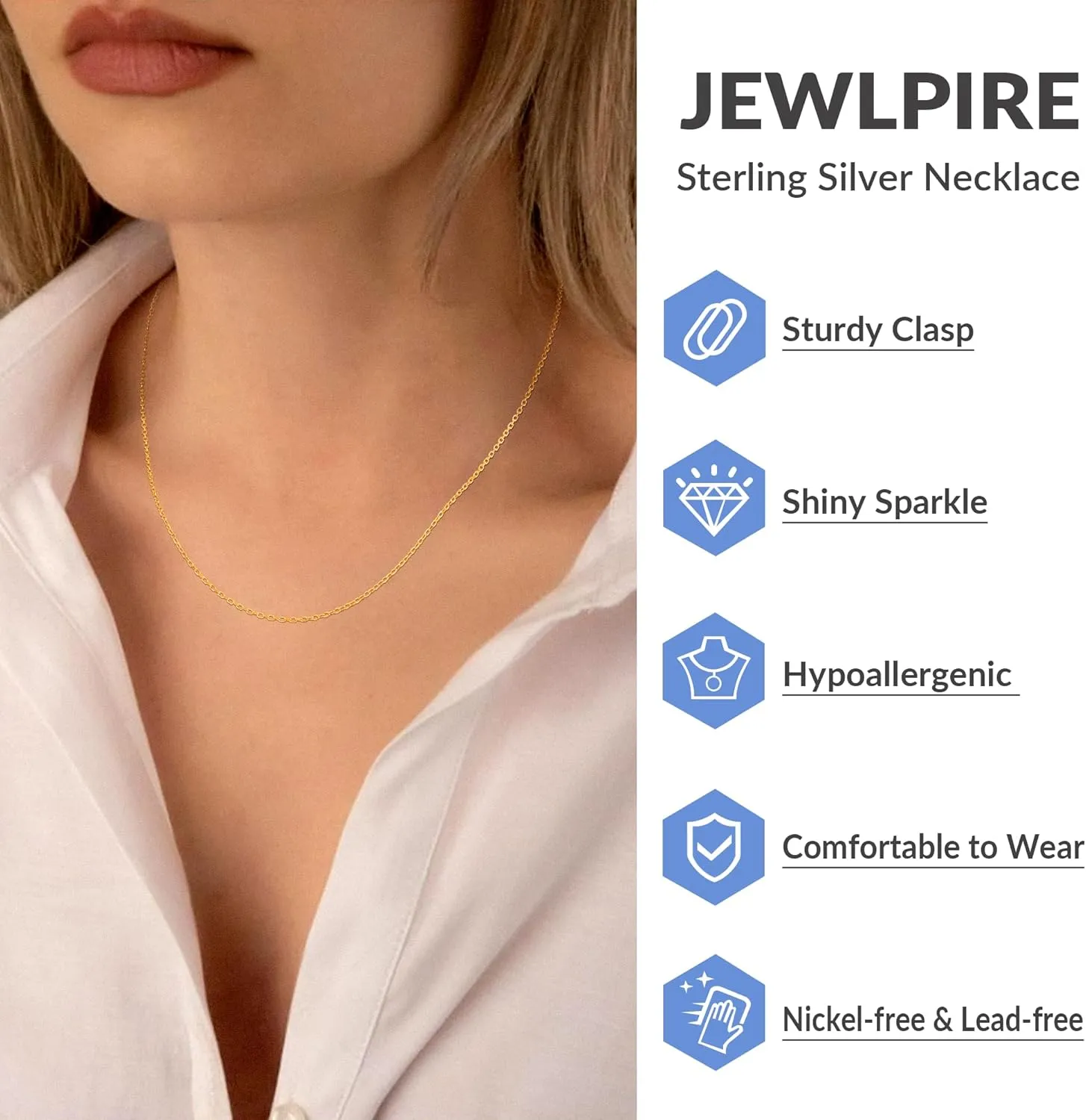 Jewlpire Solid 18k Gold Over 925 Sterling Silver Chain Necklace for Women, 1.2mm Cable Chain Necklace Thin & Dainty & Sturdy Women's Chain Necklaces 14/16/17/18/20/22/24 Inch