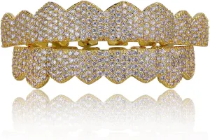 JINAO Grillz Gold Grills for Your Teeth Fake Teeth 18K Gold Plated Iced out 8 Top Teeth 8 Bottom Tooth Grillz for Men Women Hip Hop Rapper Costume