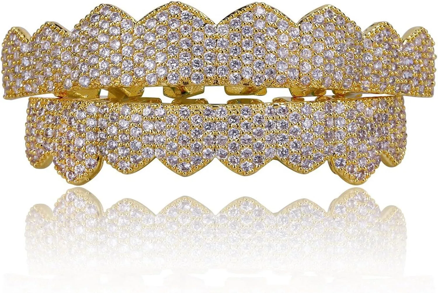 JINAO Grillz Gold Grills for Your Teeth Fake Teeth 18K Gold Plated Iced out 8 Top Teeth 8 Bottom Tooth Grillz for Men Women Hip Hop Rapper Costume