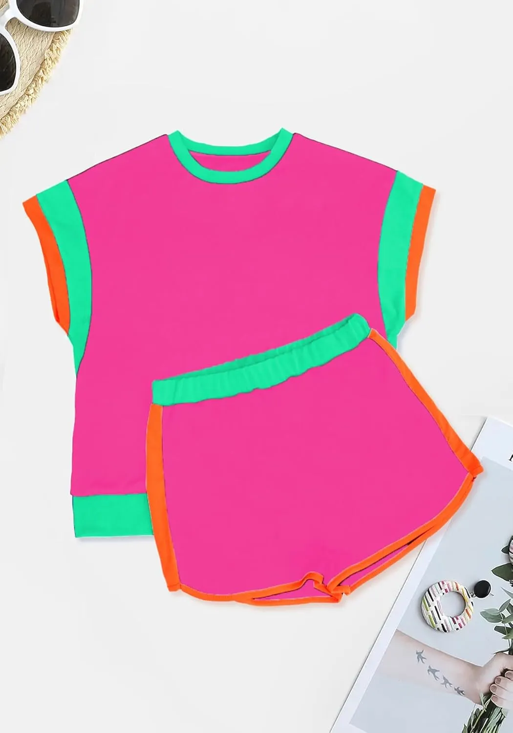 LAJIOJIO Shorts Sets Women 2 Piece Outfits,Casual Loose Short Sleeve Tops Shorts Two Piece Outfits Sweatsuits