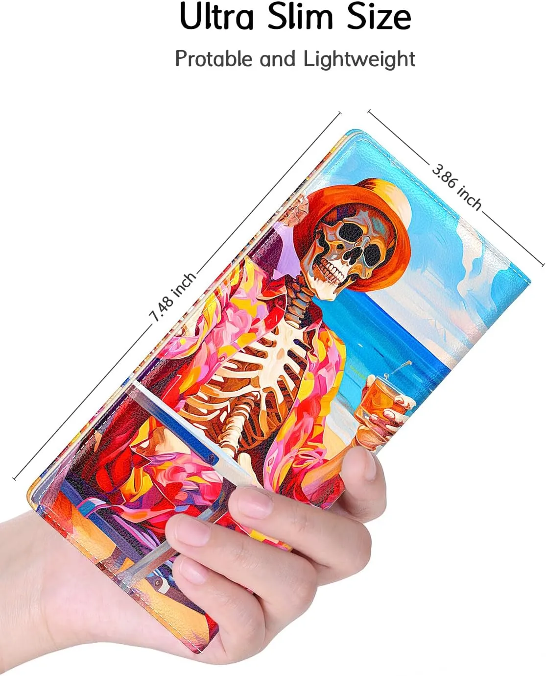 Nipichsha Womens Wallet, RFID Slim Wallets for Women, Thin Ladies Credit Card Holder Purse, Cute Leather Bifold Clutch Billfold with 11 Card Slots & ID Window, Beach Skull