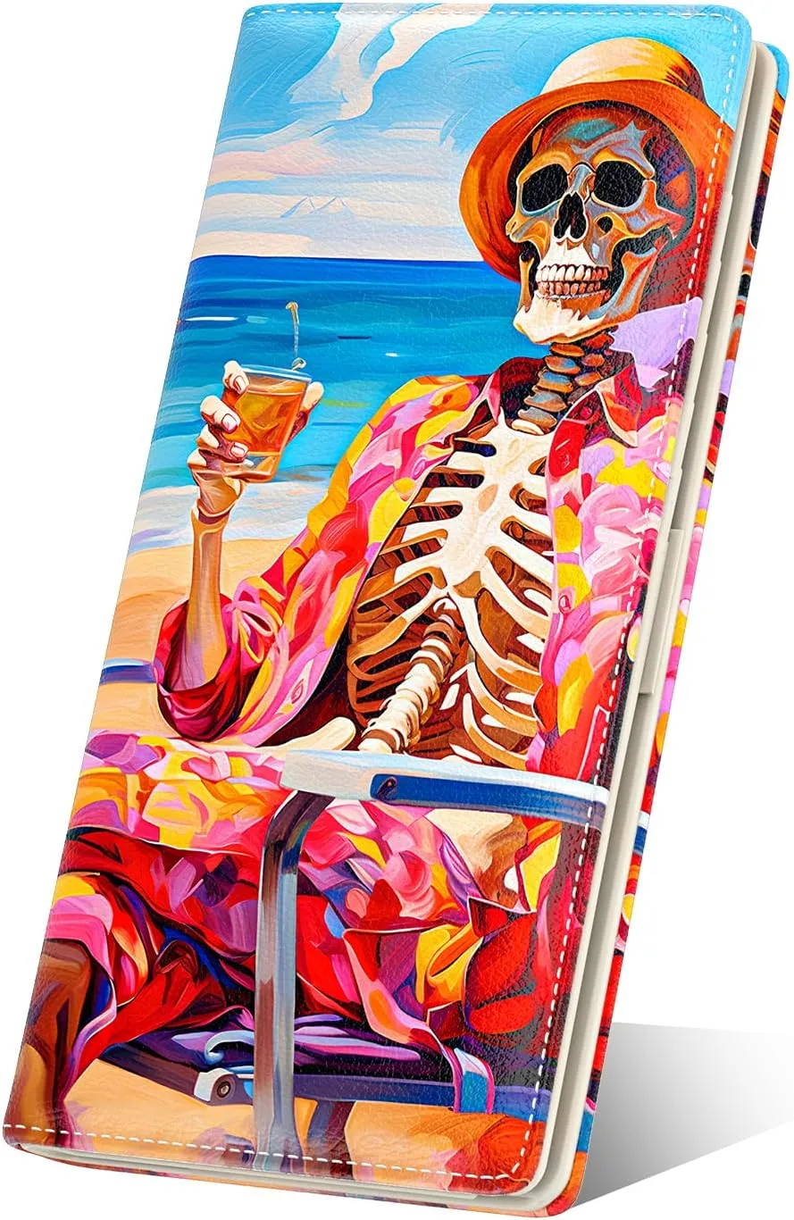 Nipichsha Womens Wallet, RFID Slim Wallets for Women, Thin Ladies Credit Card Holder Purse, Cute Leather Bifold Clutch Billfold with 11 Card Slots & ID Window, Beach Skull