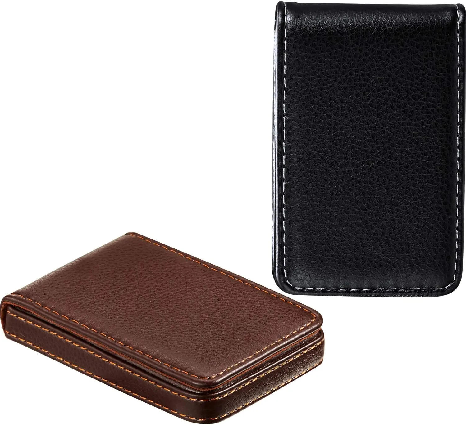 Outus 2 Pieces Business Card Holder, PU Leather Business Card Case Pocket Wallet with Magnetic Shut for Men Women (Black, Coffee)
