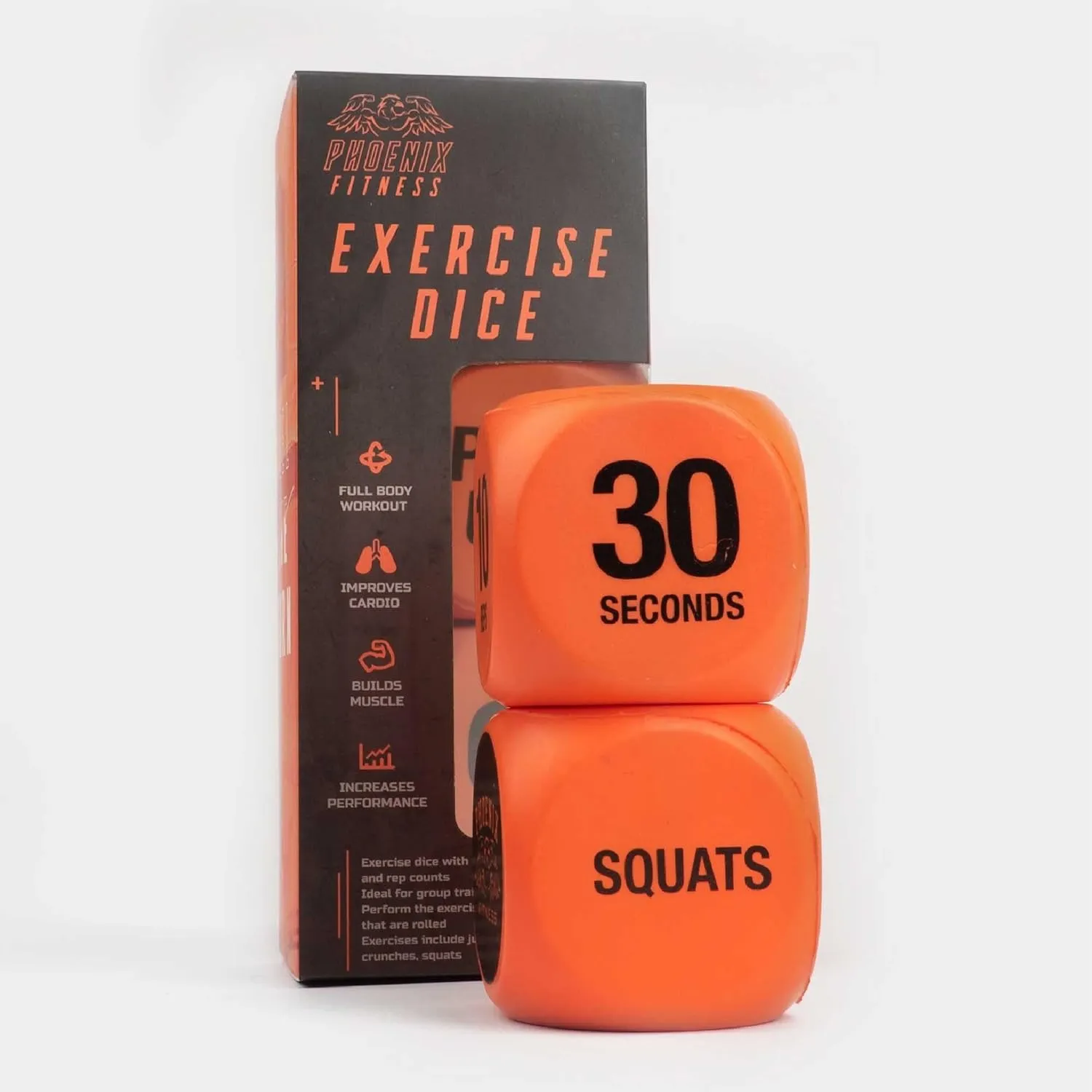Phoenix Fitness Exercise Dice - Workout Dice Game for Cardio, HIIT Training and Exercise Classes - Training Includes Push Ups, Squats, Jumping Jacks, Crunches & Wildcard - Home and Gym