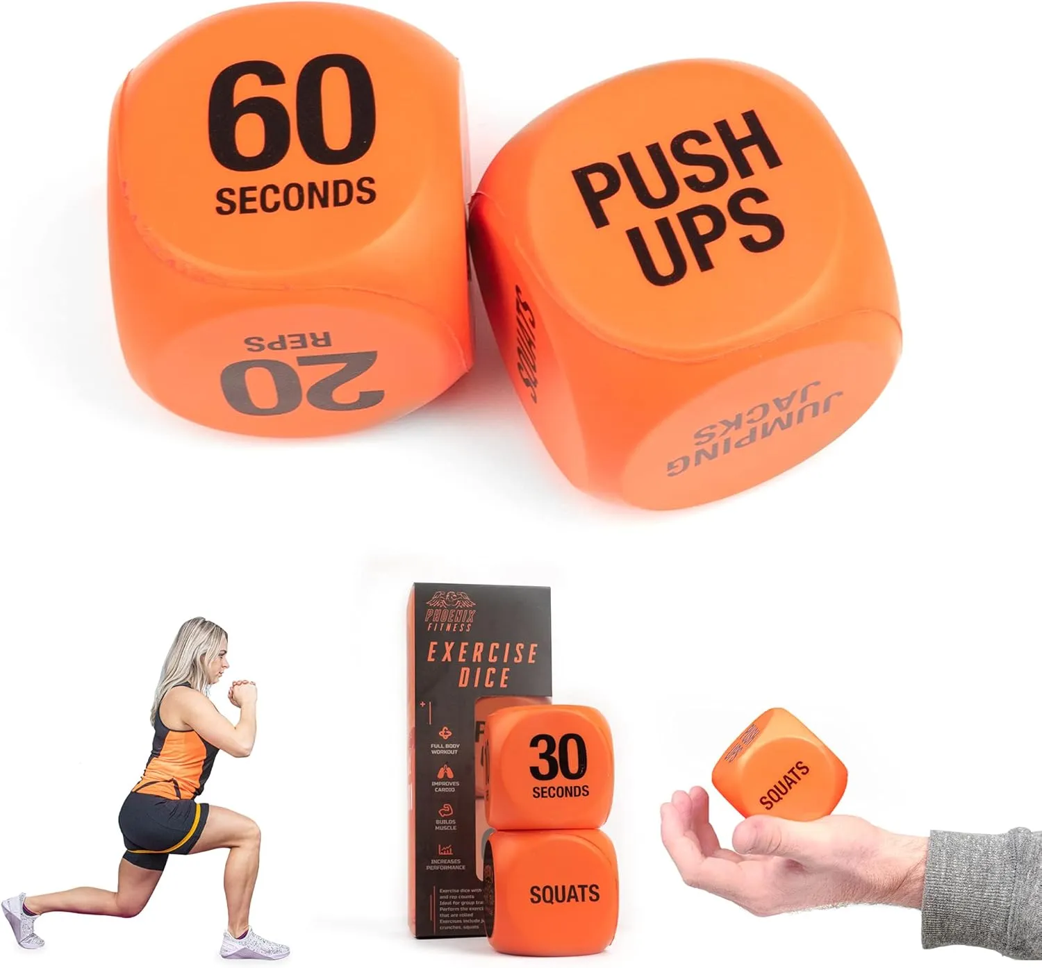 Phoenix Fitness Exercise Dice - Workout Dice Game for Cardio, HIIT Training and Exercise Classes - Training Includes Push Ups, Squats, Jumping Jacks, Crunches & Wildcard - Home and Gym